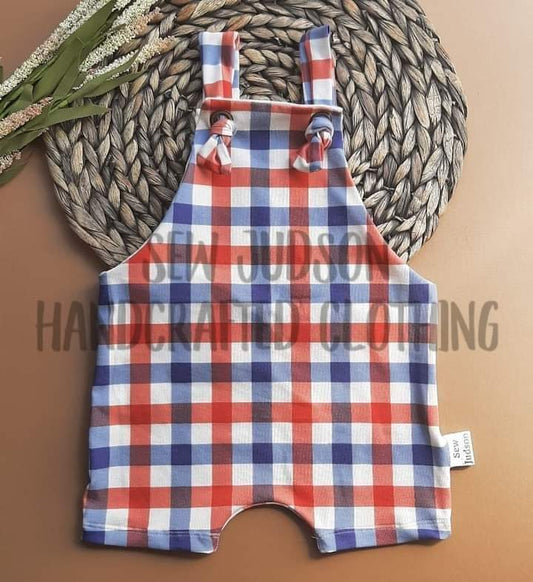 2t red & blue plaid overall shorts- organic